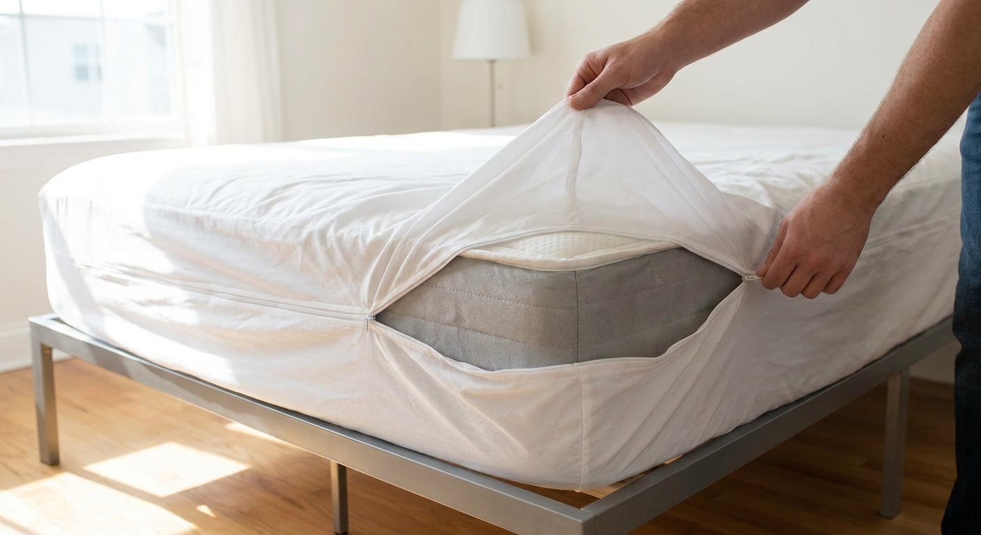 A zippered mattress encasement being pulled over a mattress on a simple bed frame, shown mid-installation.