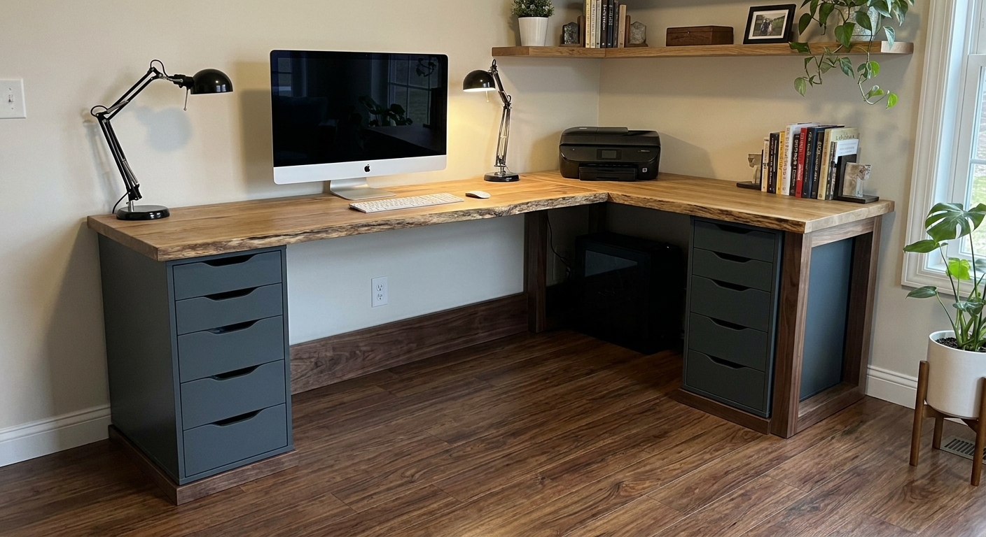 An L-shaped desk setup using an IKEA Alex drawer unit as the short return, with a continuous wood desktop and a slim toe-kick base for a built-in look