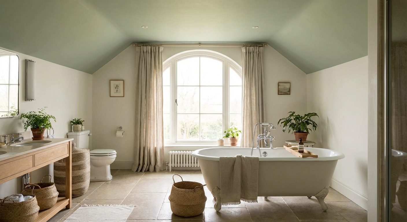 An airy bathroom with a smooth, low-sheen painted ceiling and soft natural light from a window, realistic home photography style