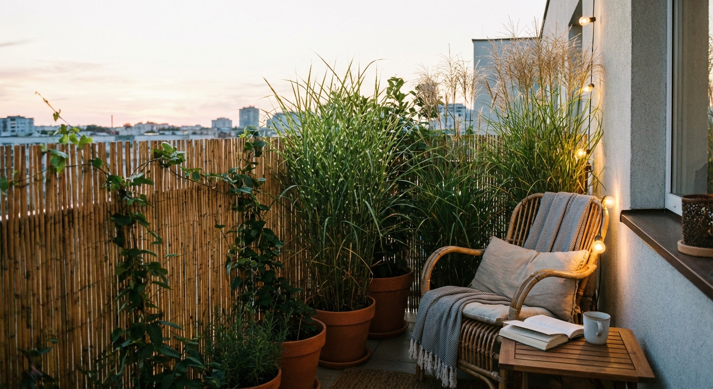 An apartment balcony with a bamboo privacy screen and tall potted grasses creating a secluded seating nook in soft evening light