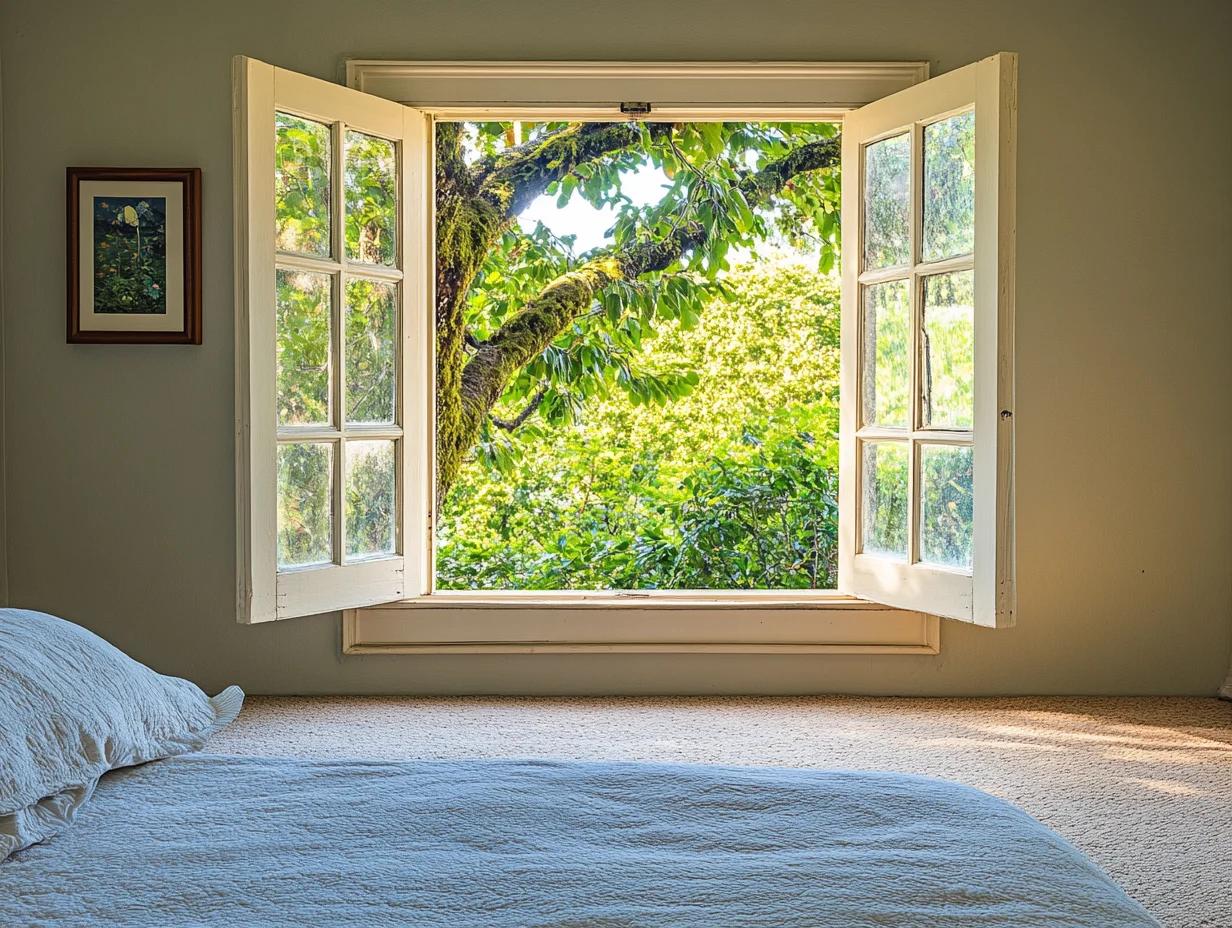 An empty bedroom with newly installed carpet, an open window, and a small fan on the floor moving air on a sunny day