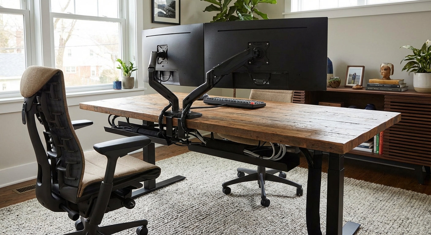 An ergonomic home office setup with dual monitors on arms, a supportive office chair, a wood desk surface, neatly managed cables, and a wool area rug