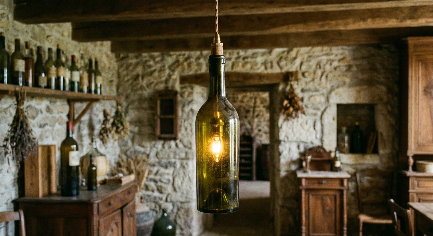 An intact vintage wine bottle hanging as a pendant light with a tiny LED light source inside, cord entering through the neck, warm glow, realistic interior photograph