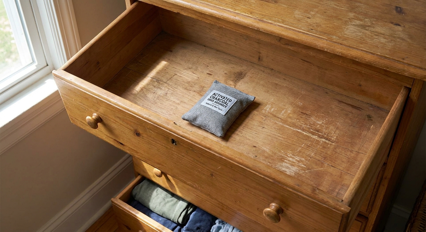 An open dresser drawer with a small activated charcoal odor absorber pouch placed inside on the bare wood bottom
