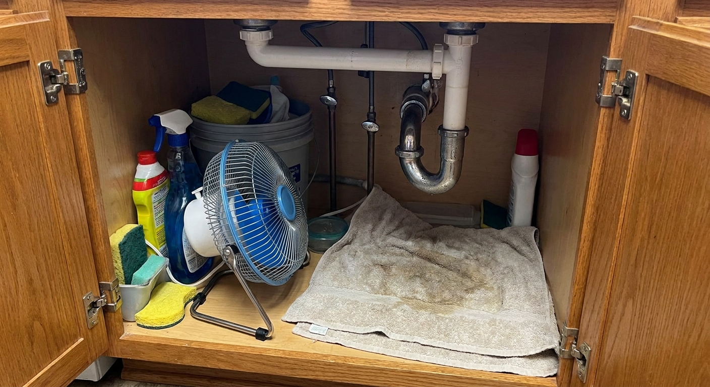 An open kitchen sink cabinet with a small fan blowing air into the cabinet and a towel catching moisture under the plumbing