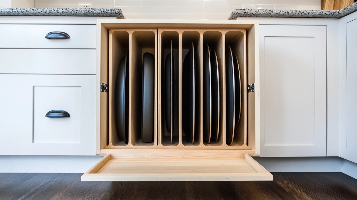 An open lower kitchen cabinet showing baking sheets, cutting boards, and cooling racks stored vertically in separate slots, clean modern kitchen