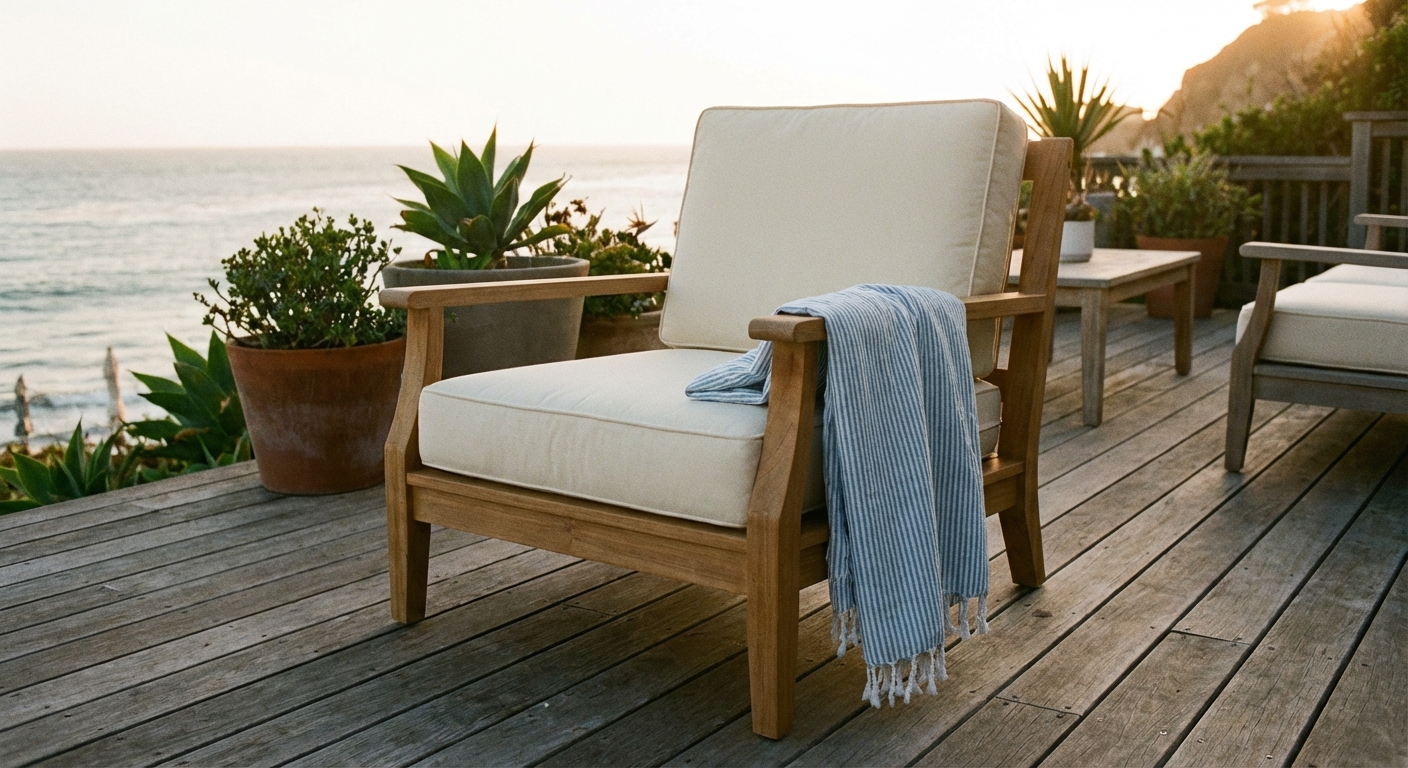 An outdoor lounge chair with a thick seat cushion and a lightweight cotton throw draped over the arm, photographed on a wooden deck