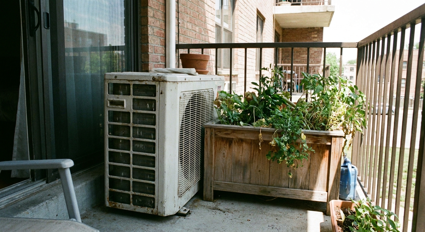 An outdoor mini split condenser unit on an apartment balcony with a large planter placed too close to the grille, daylight, realistic photo
