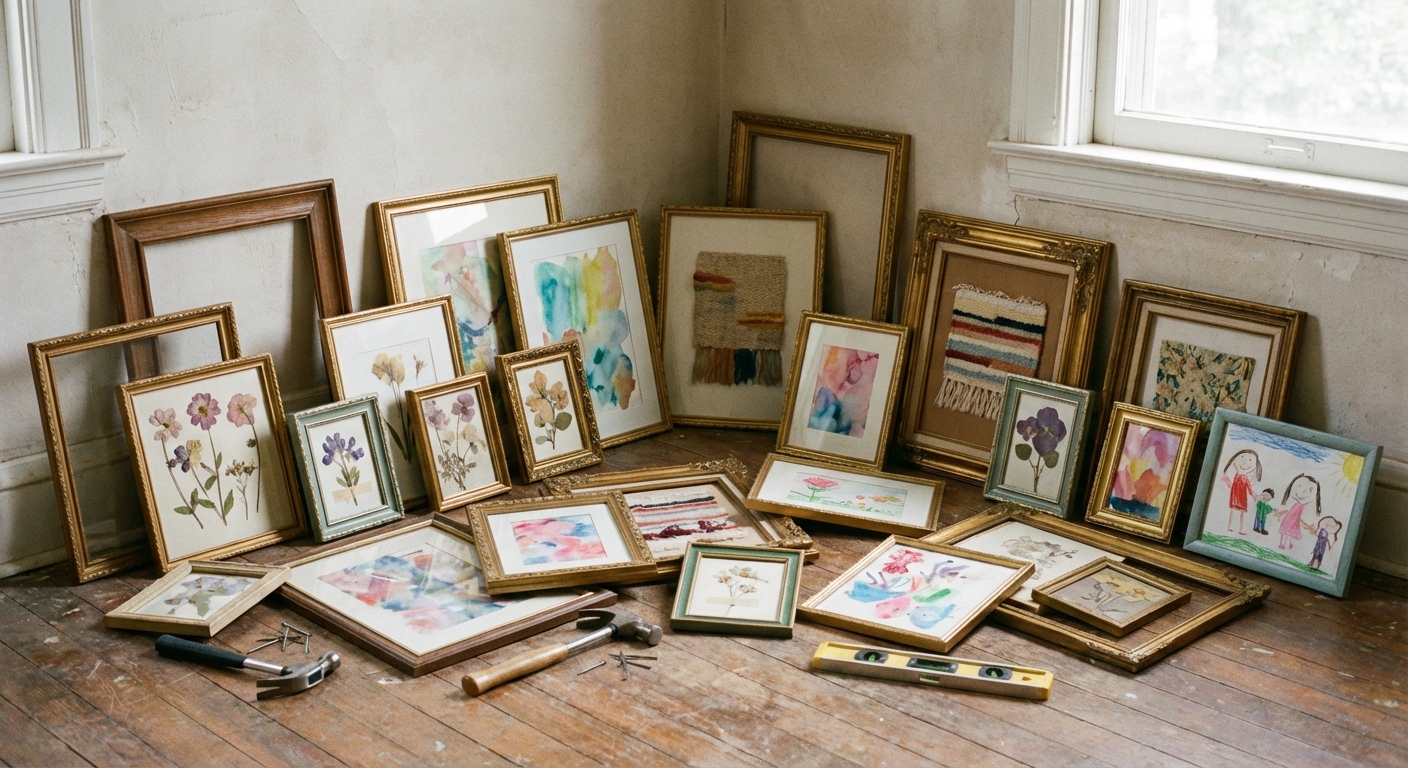Assorted thrifted frames and small DIY artworks arranged on a floor in front of a wall, ready to be hung, with soft natural light
