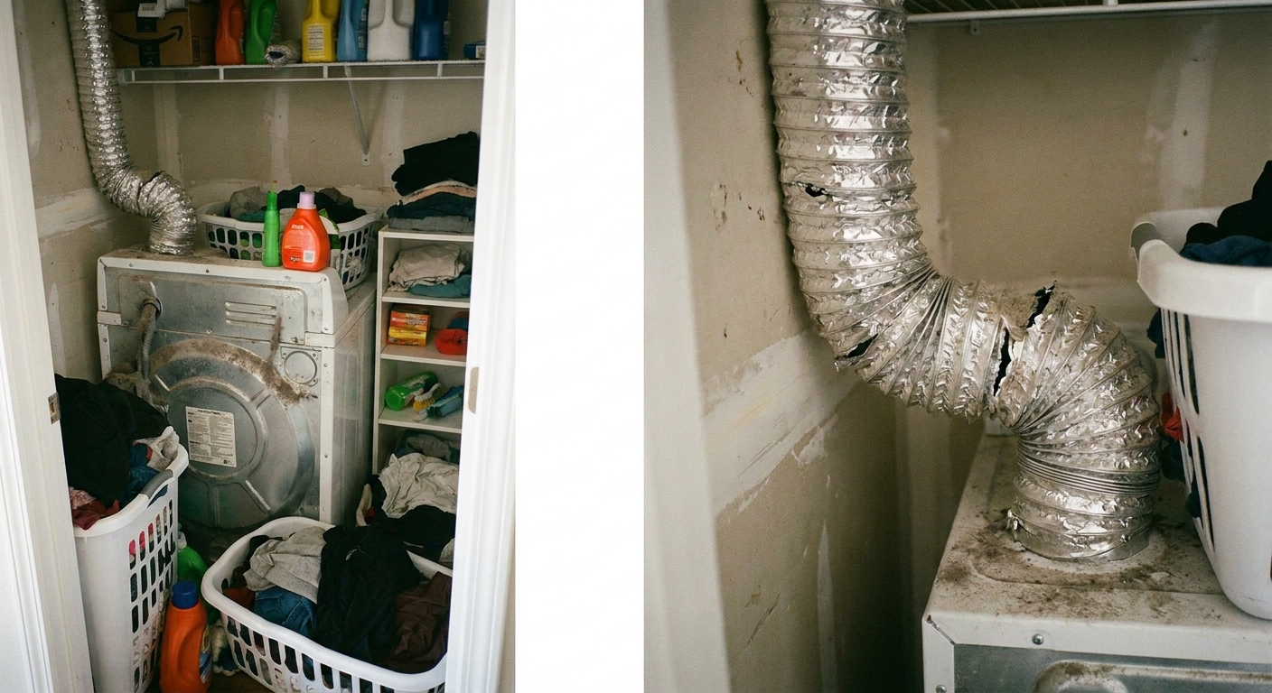 Back of a clothes dryer in an apartment closet showing a flexible vent hose with a visible kink and crushed section