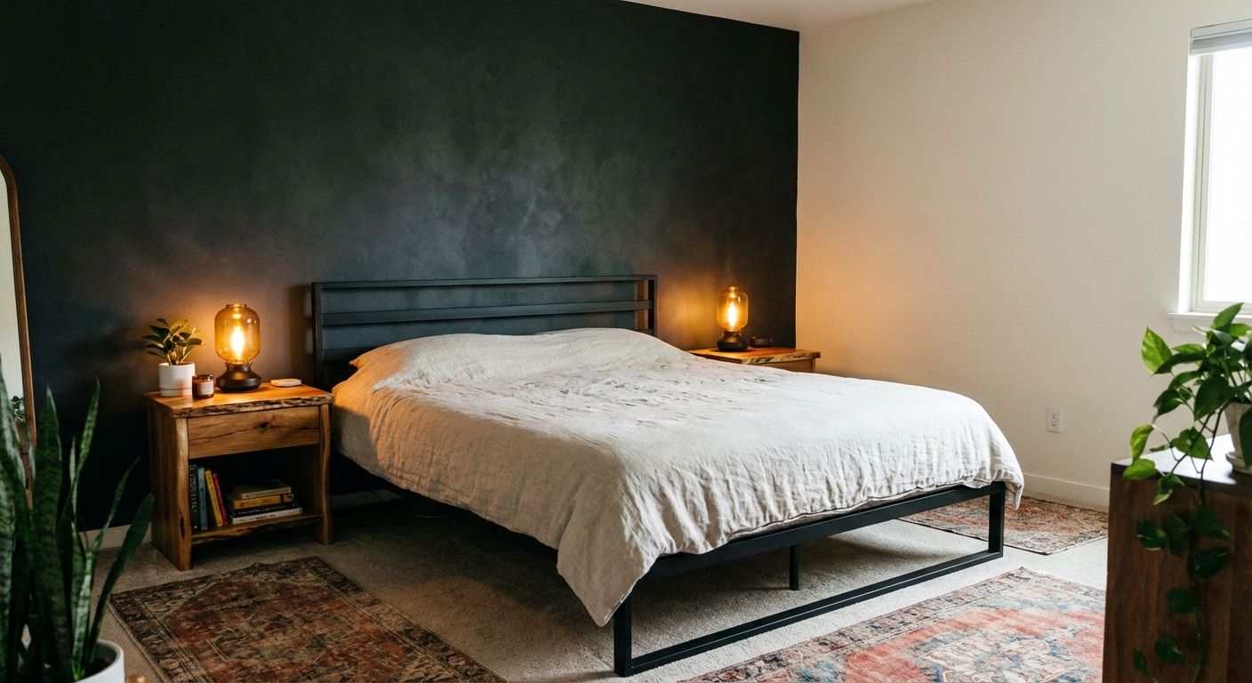 Bedroom with a matte charcoal accent wall, a black metal bed, and warm wood nightstands with amber lighting
