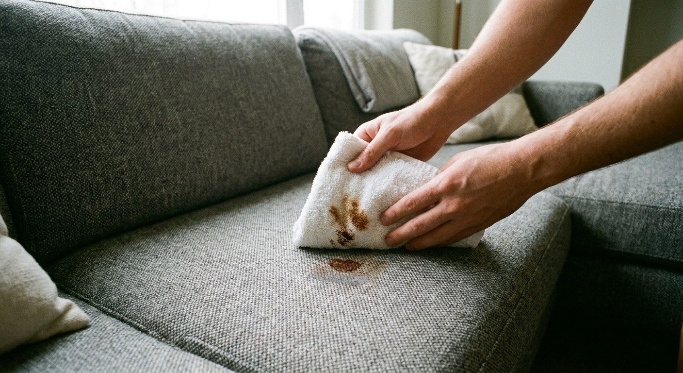 Blotting a small chocolate spot on a gray upholstered sofa with a white cloth