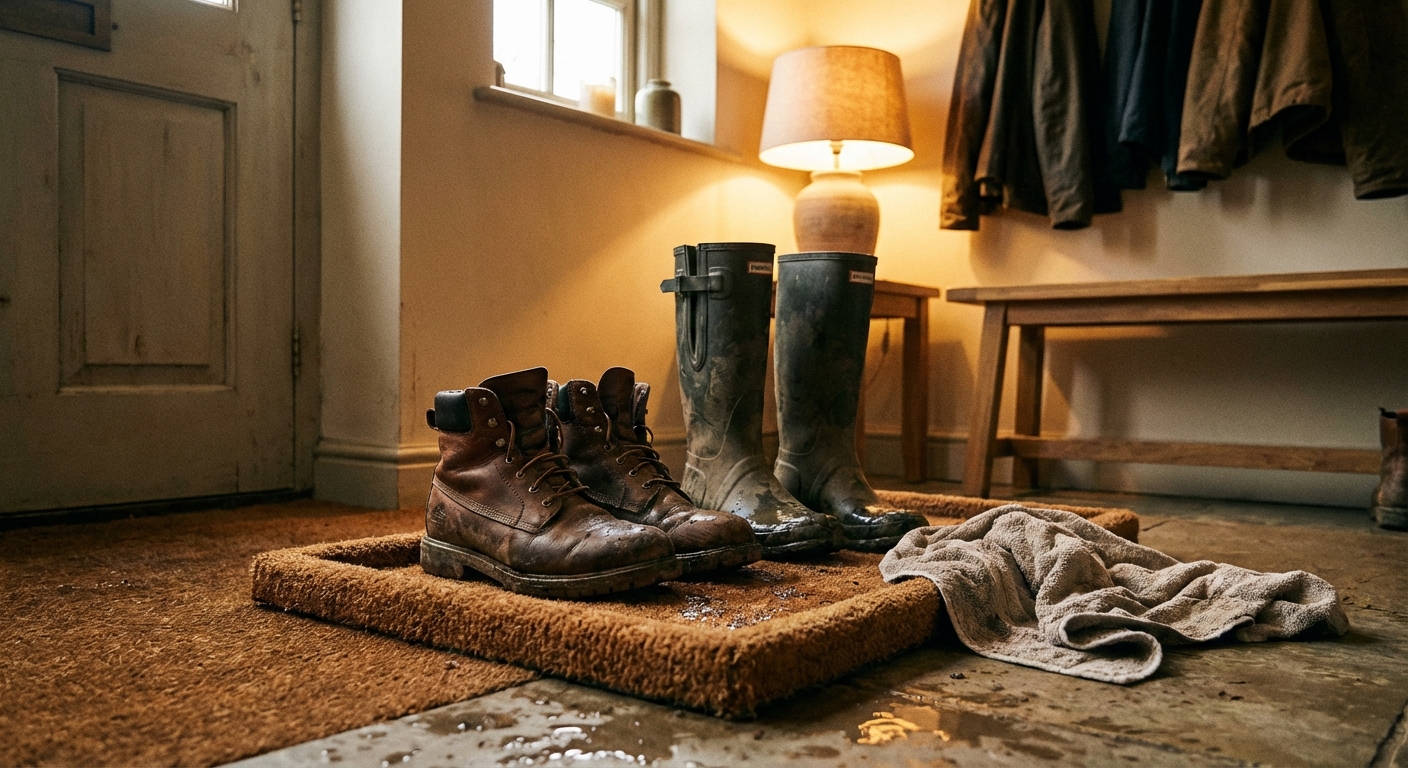 Boot tray near a front door holding two wet pairs of boots with a small towel beside them under cozy indoor lighting