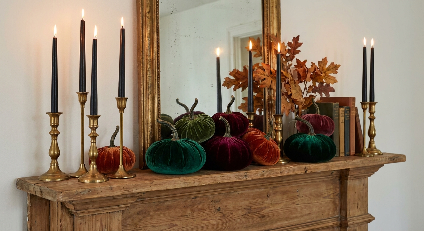 Brass candlesticks with black taper candles on a mantel with velvet pumpkins