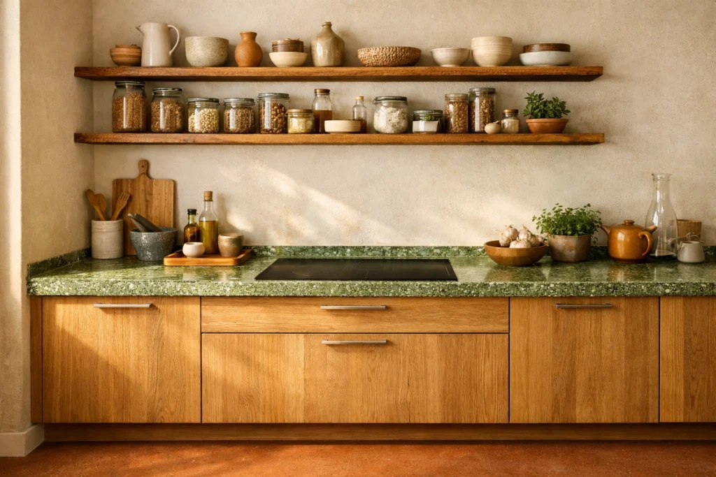 Bright kitchen with open wood shelves holding mixed ceramic dishes, glassware, and upright wooden cutting boards with a small plant