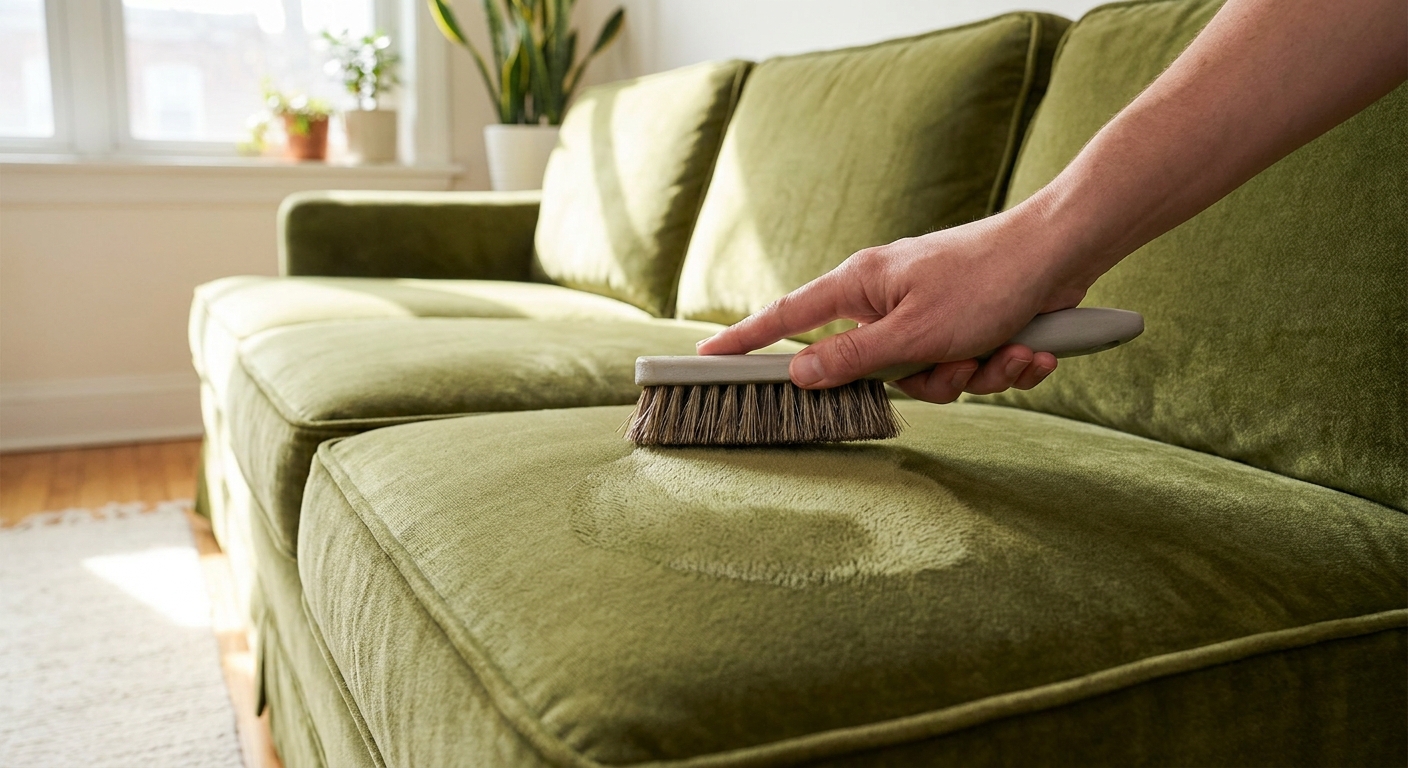 Brushing the nap of a green velvet sofa cushion after spot cleaning