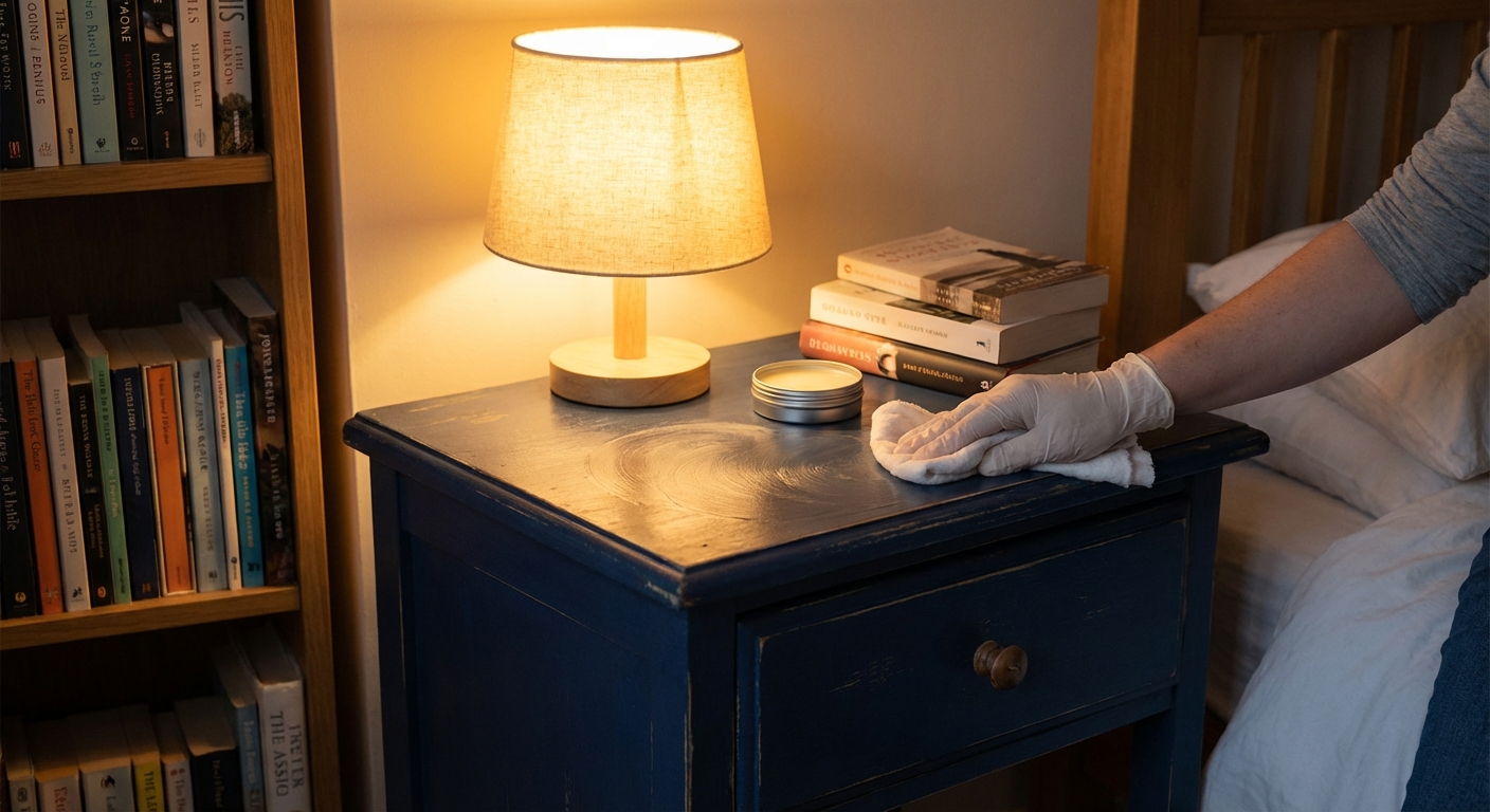 Buffing clear wax onto a painted wooden nightstand with a soft cloth in warm lamplight
