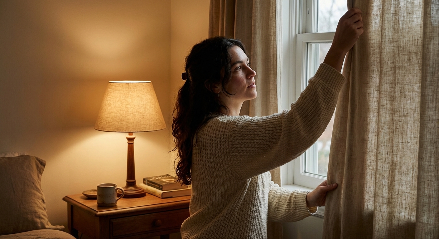 Clara Townsend adjusting a linen curtain beside a glowing table lamp
