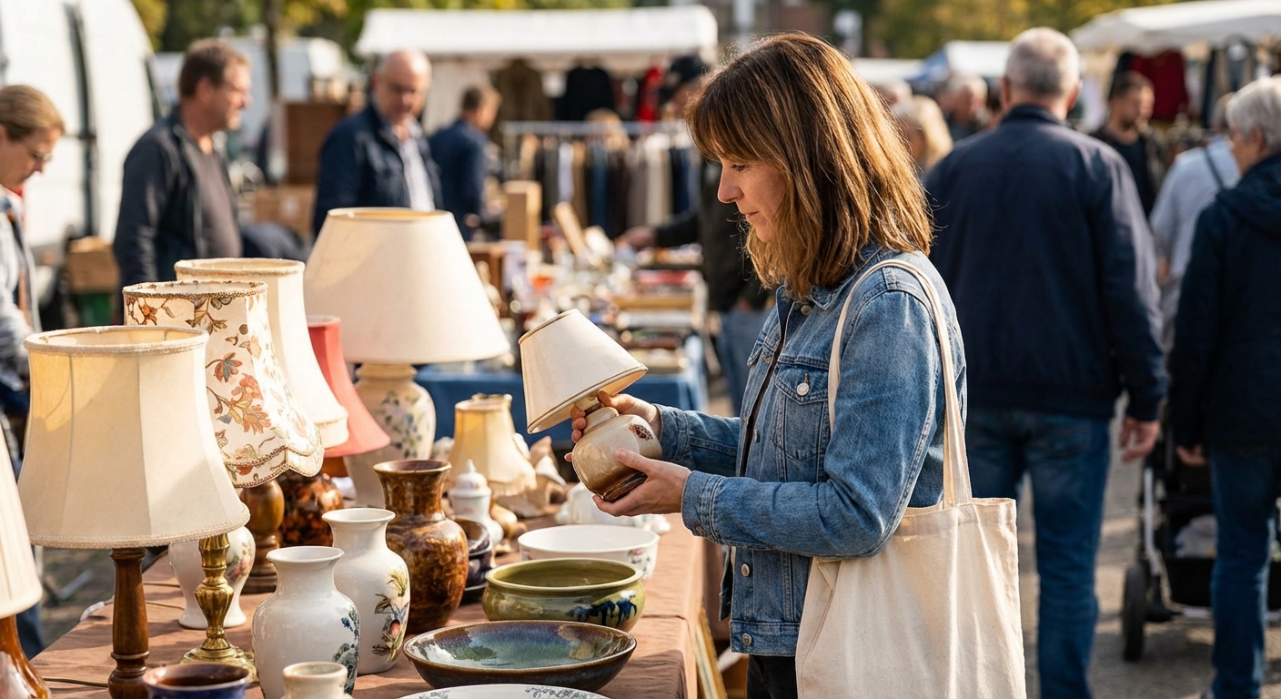 Clara Townsend browsing a flea market table of vintage lighting and ceramics