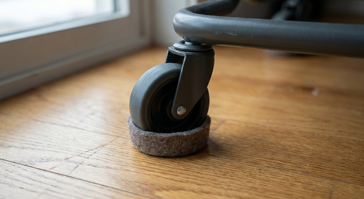 Close-up of a RÅSKOG cart wheel on a hardwood floor, showing a floor-protective setup and a clean caster