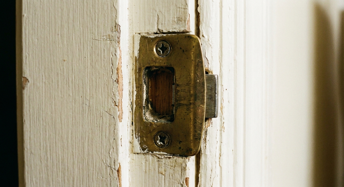 Close-up of a door strike plate on a painted wooden frame with a latch approaching the opening, showing alignment, realistic home photo