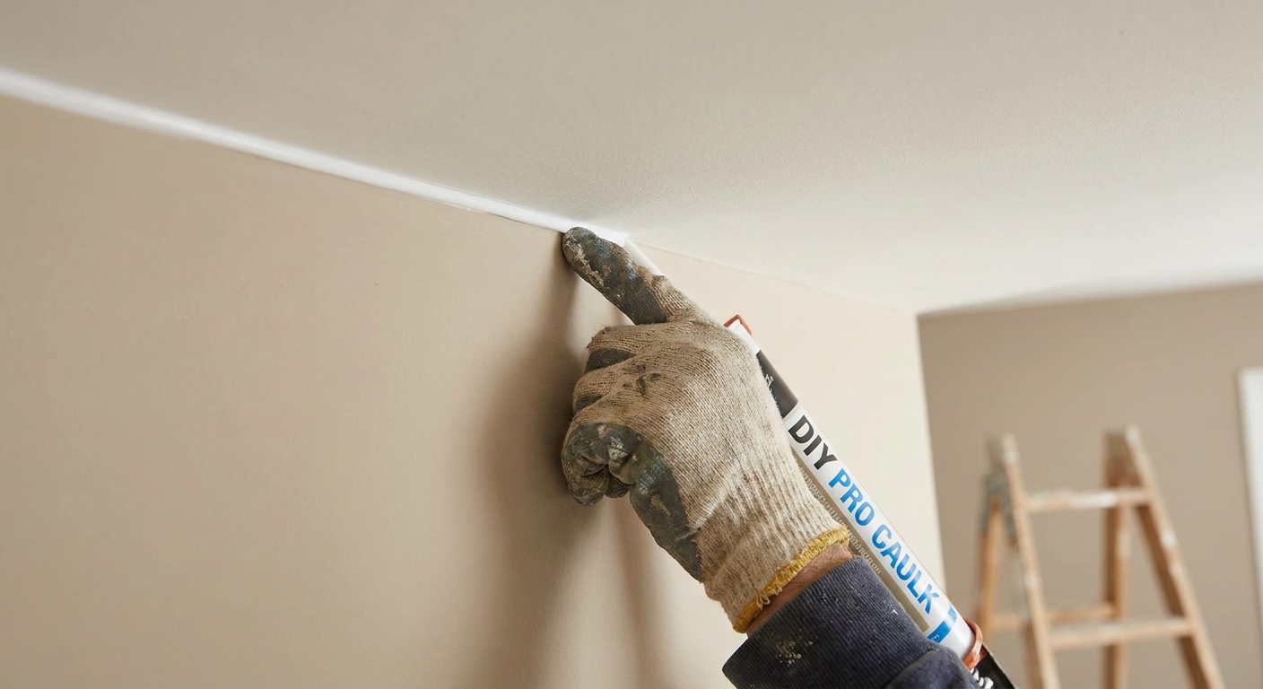 Close-up of a hand smoothing a thin bead of white paintable acrylic caulk along a wall and ceiling joint in a neutral-toned room, realistic DIY photograph
