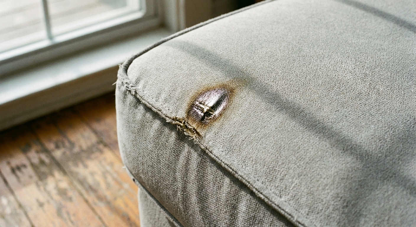 Close-up of a light gray microfiber sofa cushion showing a small shiny, slightly darkened iron scorch spot near the edge in natural window light