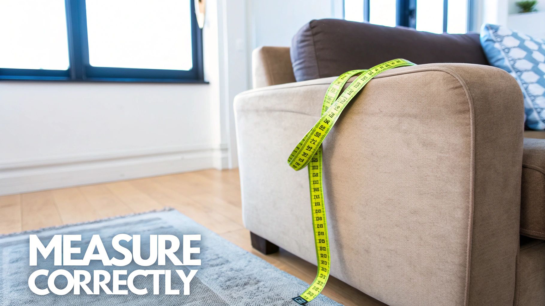 Close-up of a neutral fabric sofa arm with clear double-sided furniture tape applied neatly to the corner area, real photography
