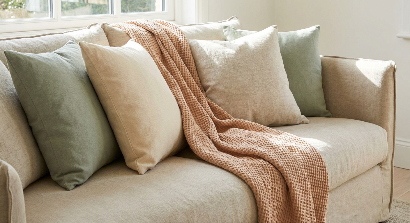 Close-up of a neutral sofa styled with linen pillow covers in soft green and warm cream tones, with a lightweight cotton throw draped casually