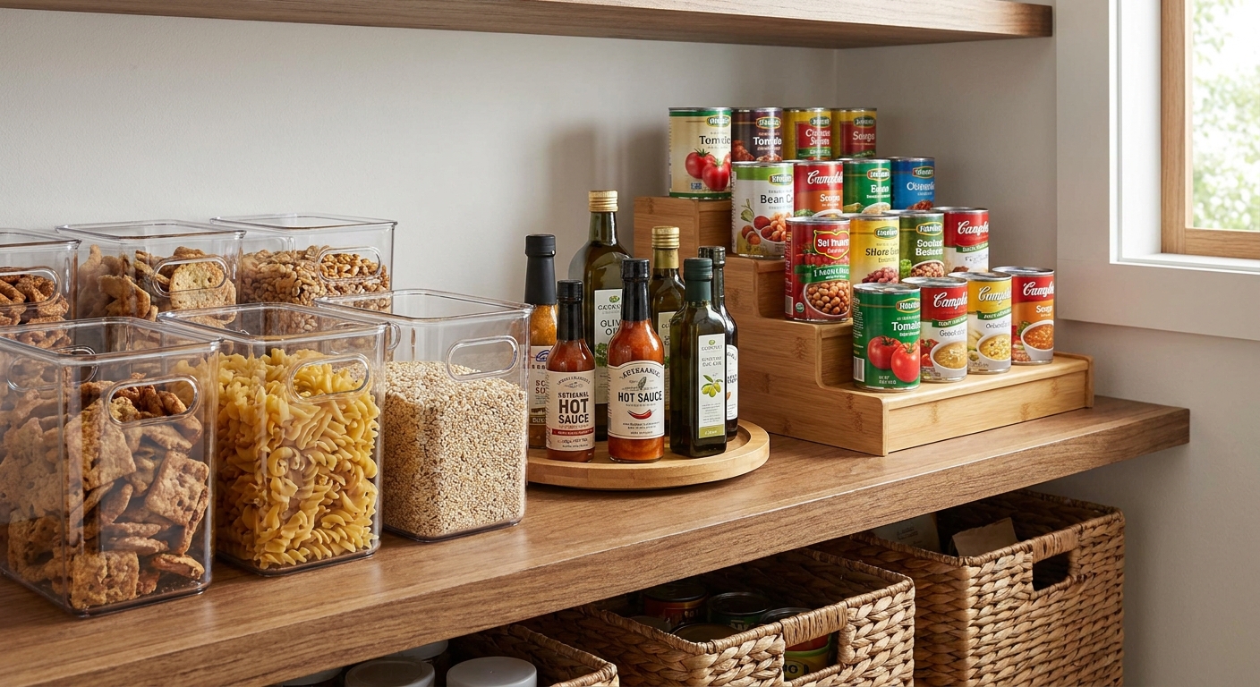 Close-up of a pantry shelf with clear handled bins, a lazy Susan holding condiments, and a tiered riser displaying canned goods for visibility