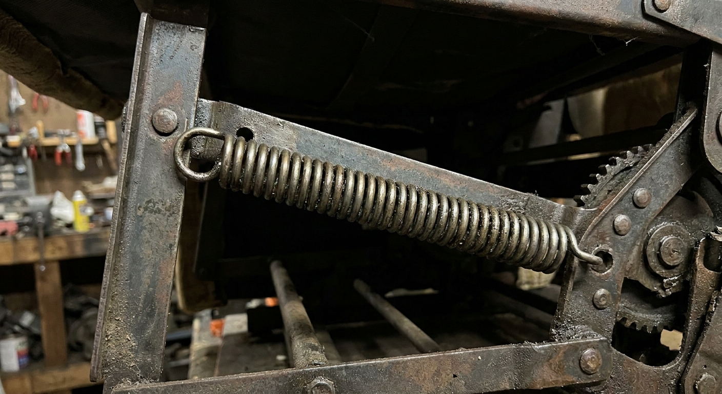 Close-up of a recliner tension spring attached to the metal mechanism under the seat
