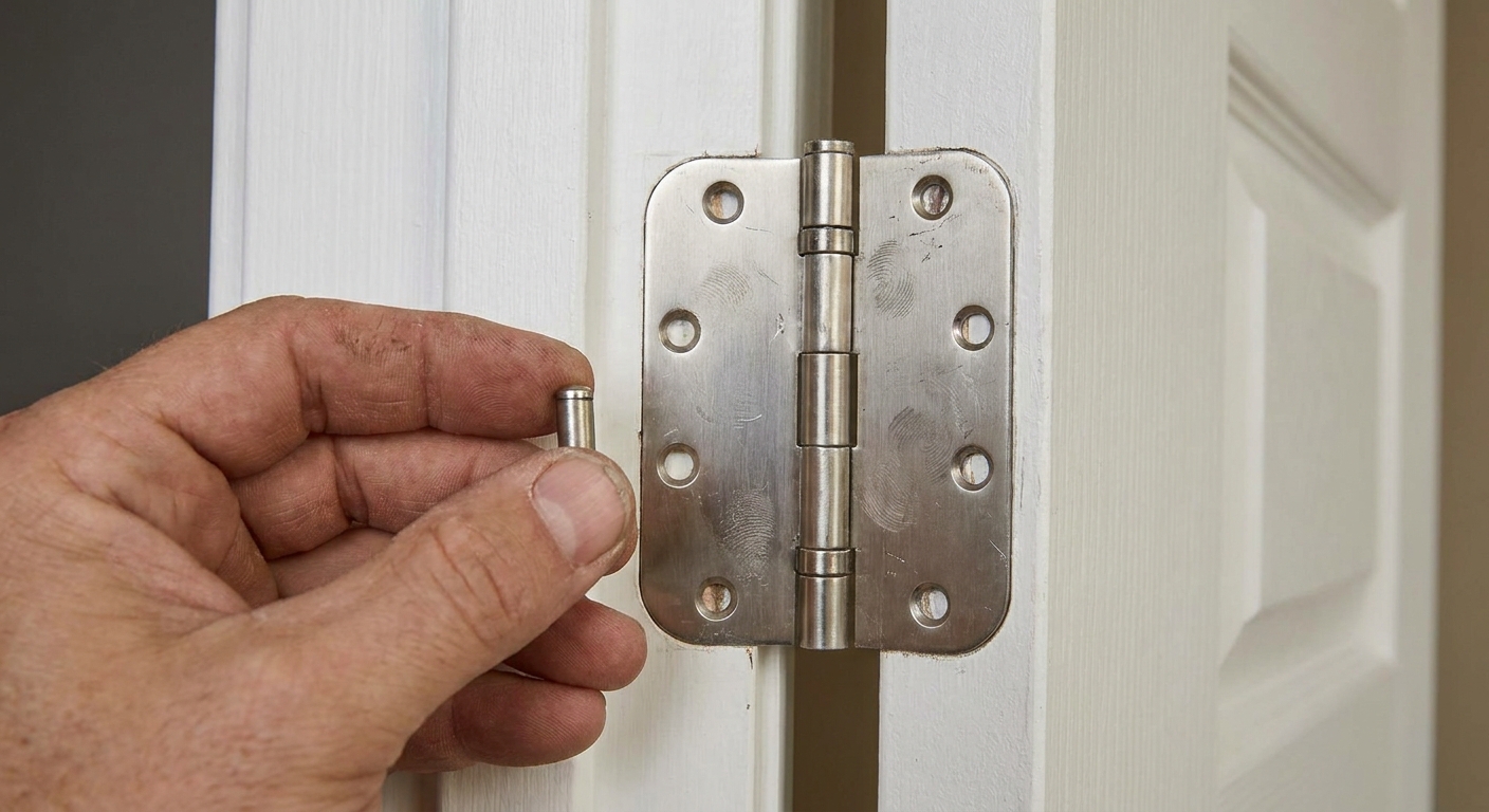Close-up of a renter holding a hinge pin next to a brushed nickel butt hinge on a white interior door, realistic photography
