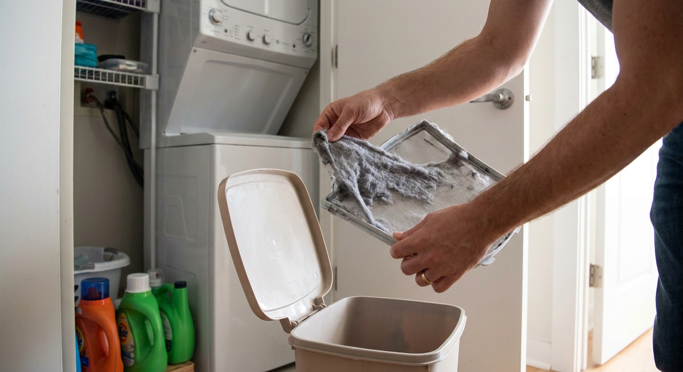 Close-up of a renter removing lint from a clothes dryer lint screen over a small trash bin in a compact apartment laundry closet