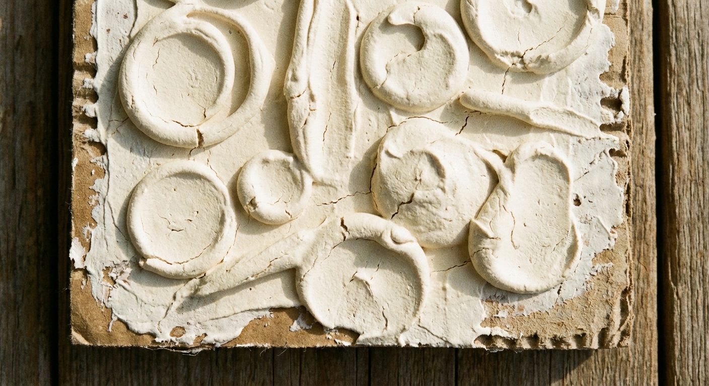 Close-up of a small textured abstract art piece with raised spackle shapes painted warm white on a cardboard panel