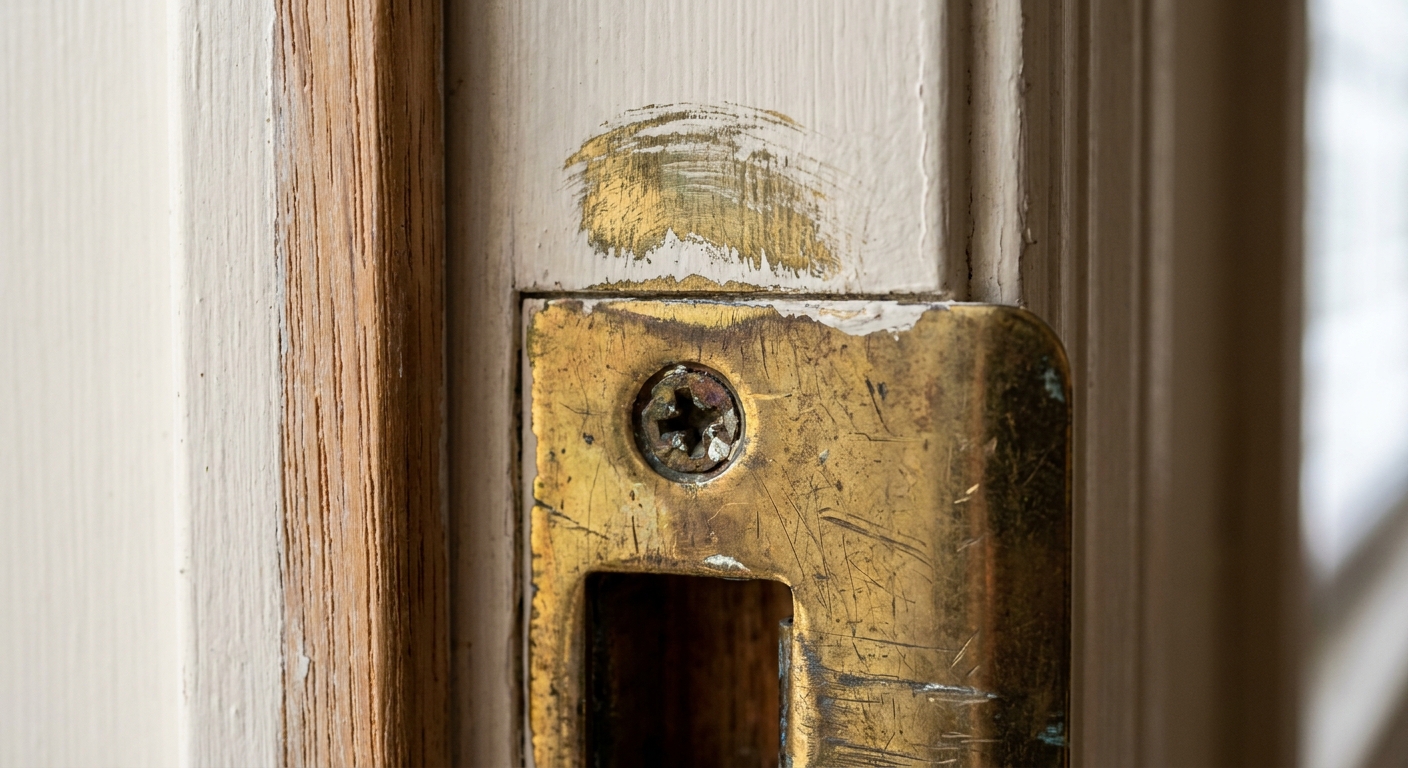 Close-up of a strike plate on a door frame with a visible transferred mark showing where the latch bolt is hitting too high