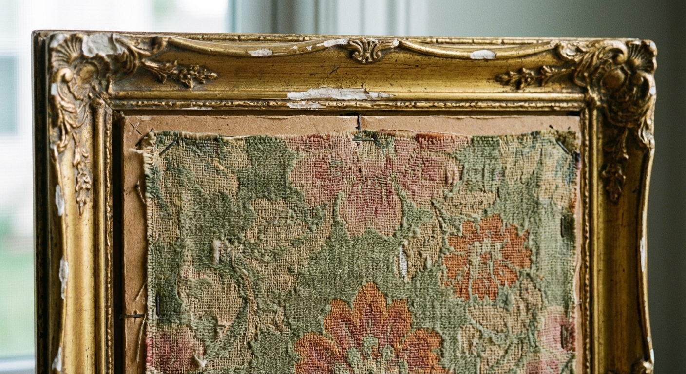 Close-up of a thrifted gold frame holding a textured vintage fabric swatch stretched neatly over a backing board