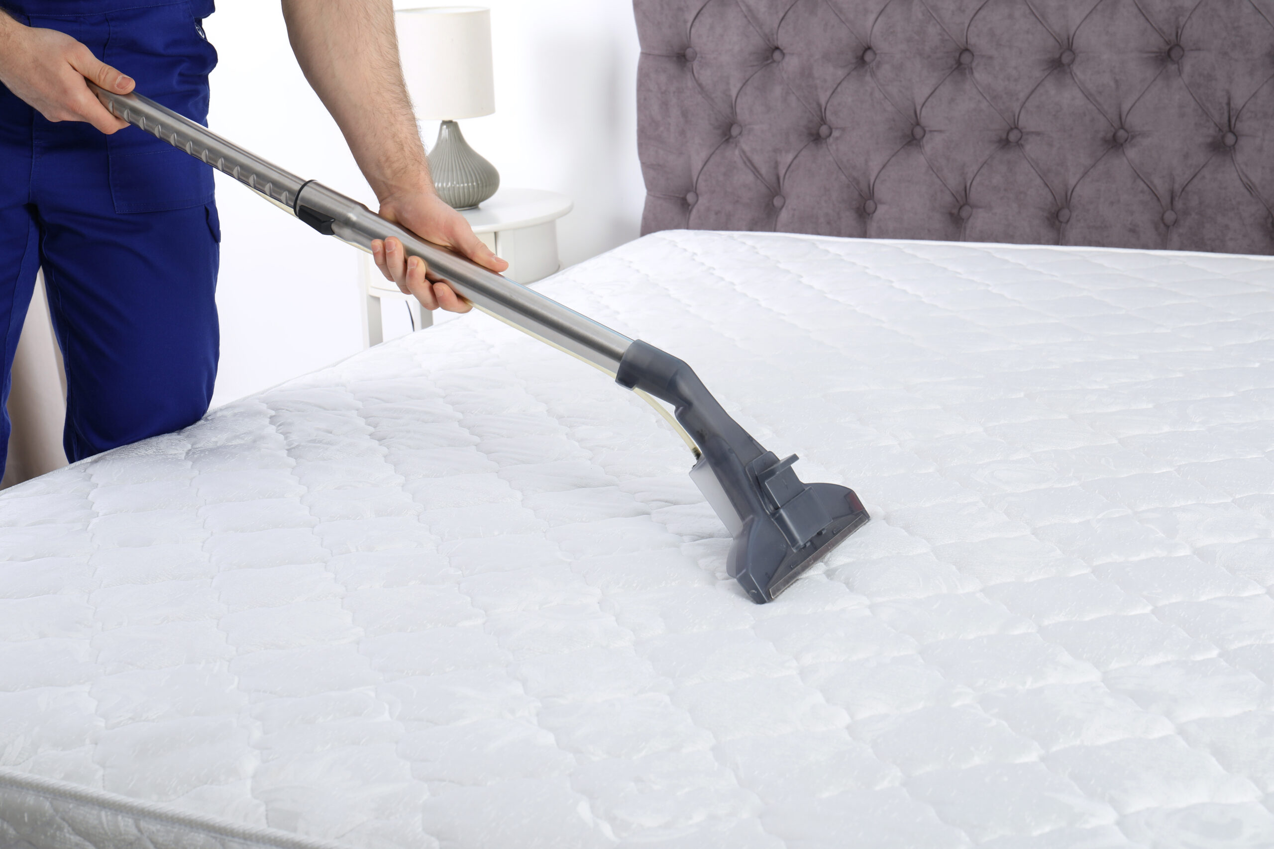 Close-up of a vacuum upholstery attachment running along the seam of a mattress, capturing dust and debris, crisp natural light, realistic home photo
