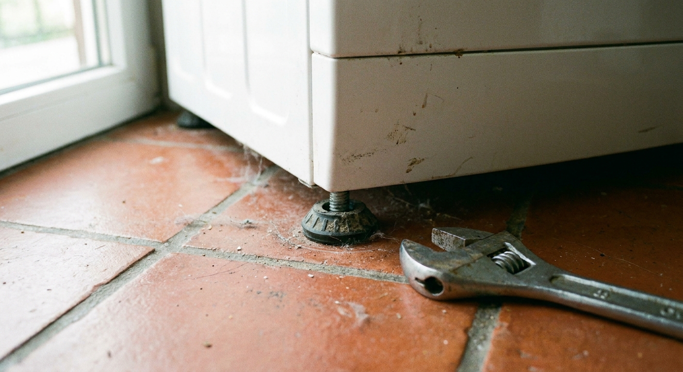 Close-up of a washing machine adjustable foot resting on a tile floor with a wrench nearby, realistic home photo