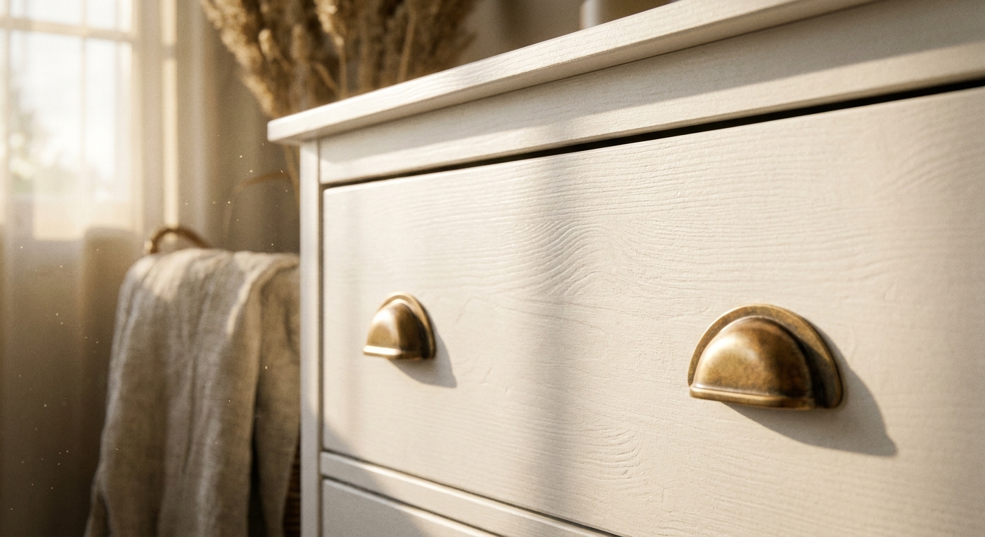 Close-up of a white Hemnes-style dresser drawer with warm brass pulls and soft morning light hitting the wood grain