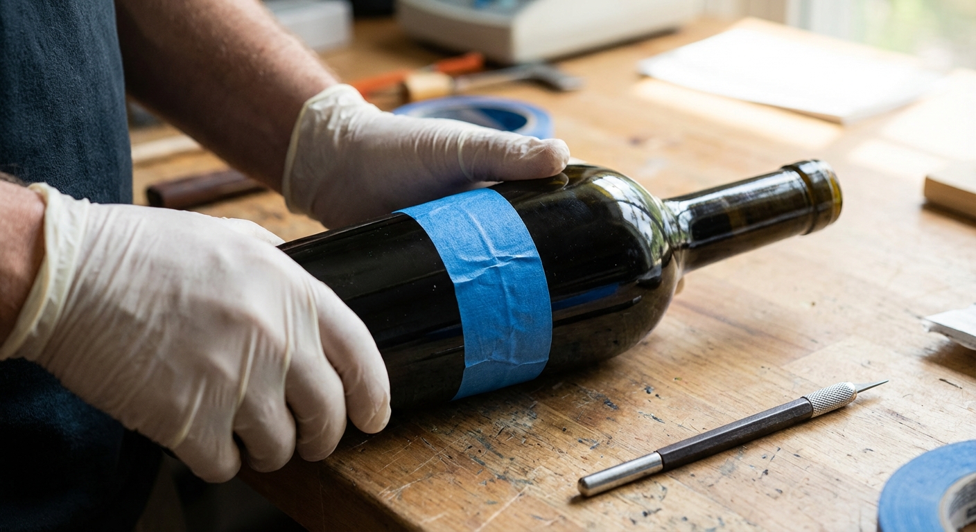 Close-up of a wine bottle with a straight band of blue painter’s tape wrapped around it as a cutting guide line, hands holding the bottle, realistic photograph