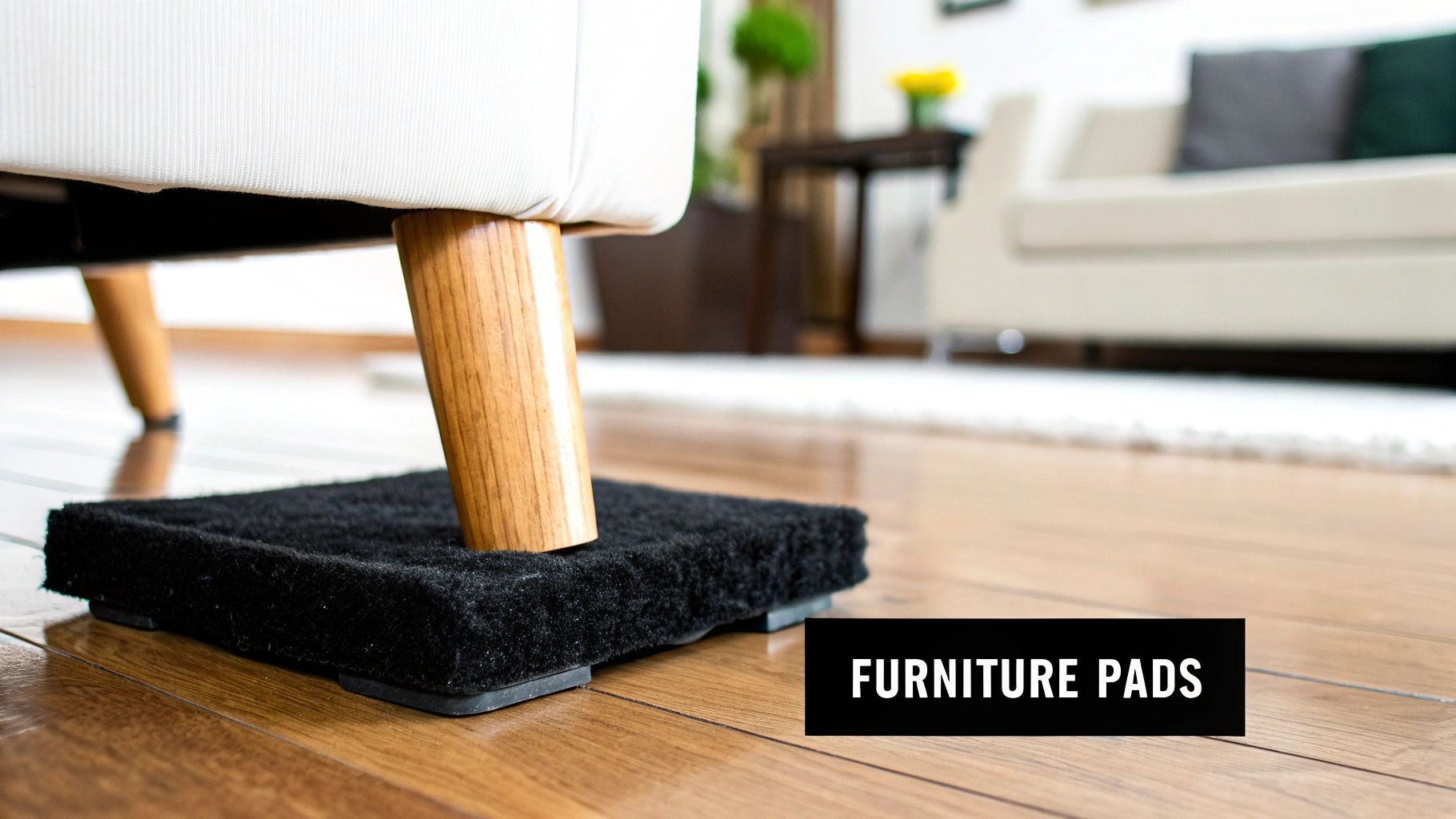 Close-up of an ottoman wood leg wrapped near the top with plastic wrap and a white towel placed around the base to catch cleaner drips