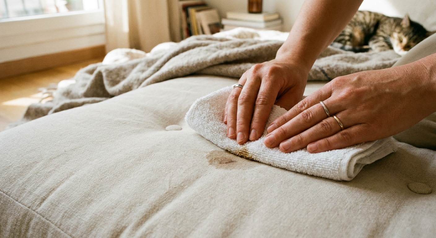 Close-up of hands blotting a small stain on a light-colored futon mattress with a white towel in a cozy apartment setting.