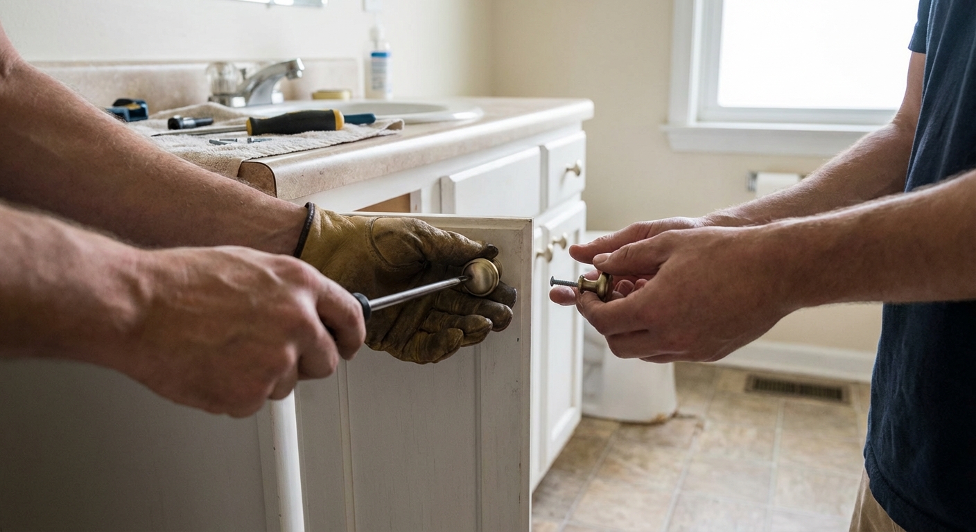 Close-up of hands installing brushed brass knobs on a white rental bathroom vanity door, real photography style
