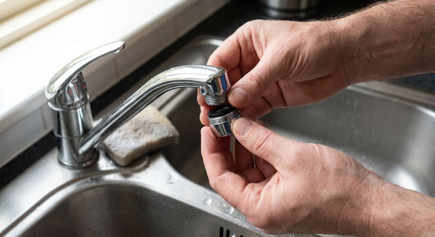 Close-up of hands reinstalling a chrome faucet aerator onto a kitchen faucet over a stainless steel sink, realistic indoor photo