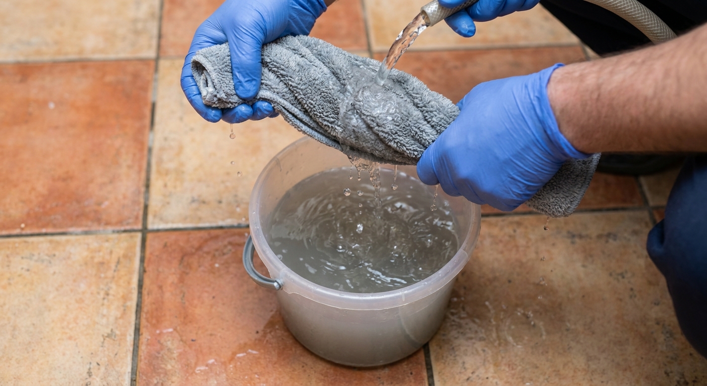 Close-up of hands rinsing a microfiber flat mop pad in a small bucket beside a tiled floor, showing cloudy water being refreshed
