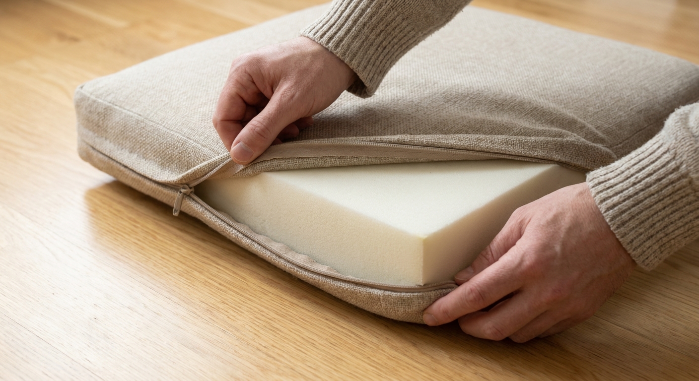 Close-up of hands unzipping a sofa cushion cover to reveal a foam insert on a clean floor, realistic photo