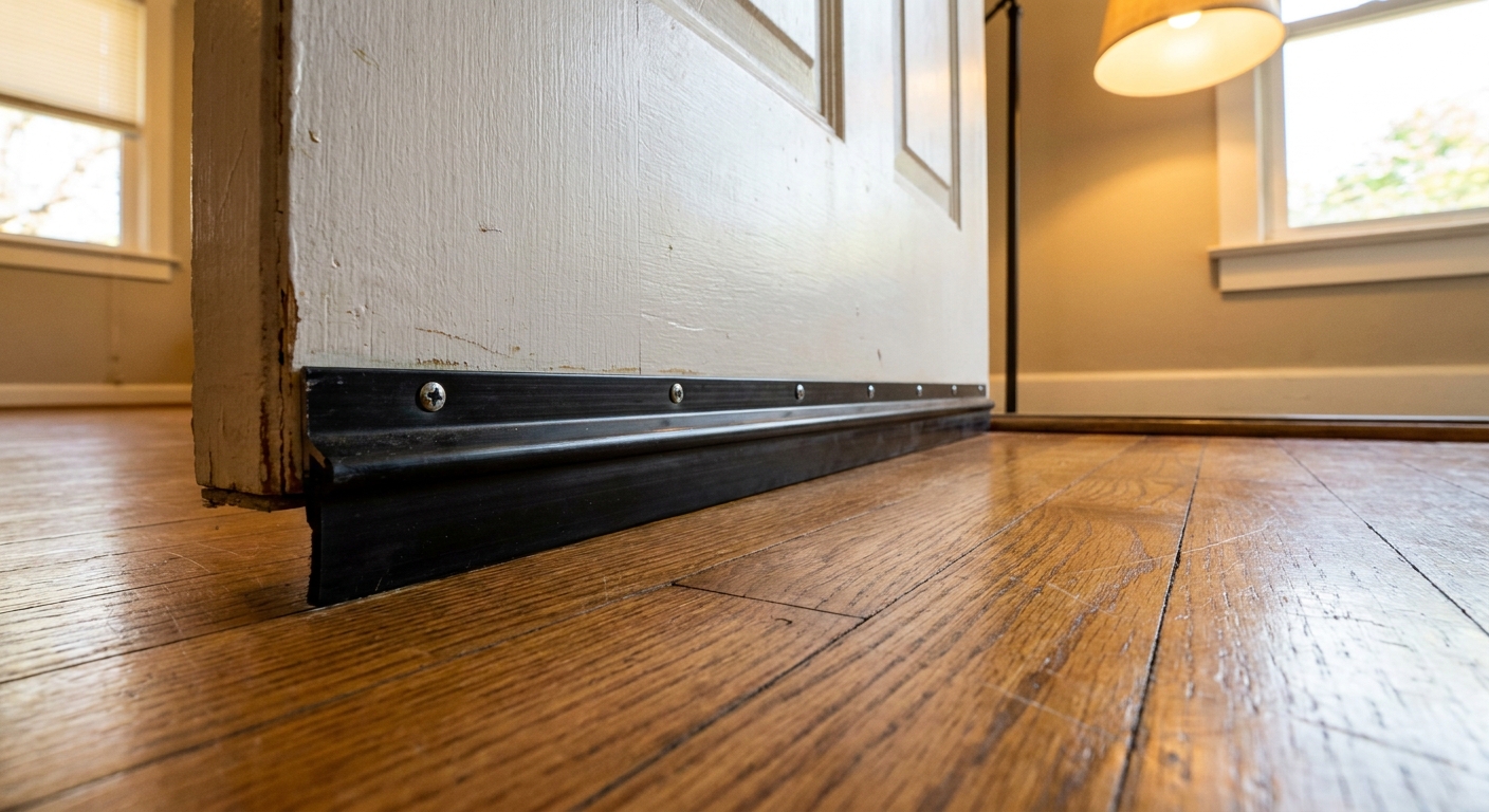 Close-up photo of a black adjustable door sweep installed on the bottom of a white interior door above a medium-toned hardwood floor, realistic home lighting
