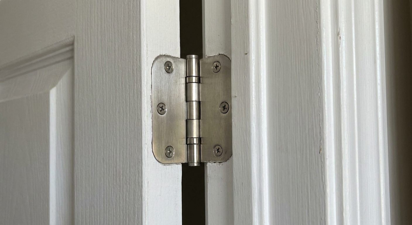 Close-up photo of a brushed nickel butt hinge on a white interior door and frame, showing the hinge pin and painted trim detail, realistic photography
