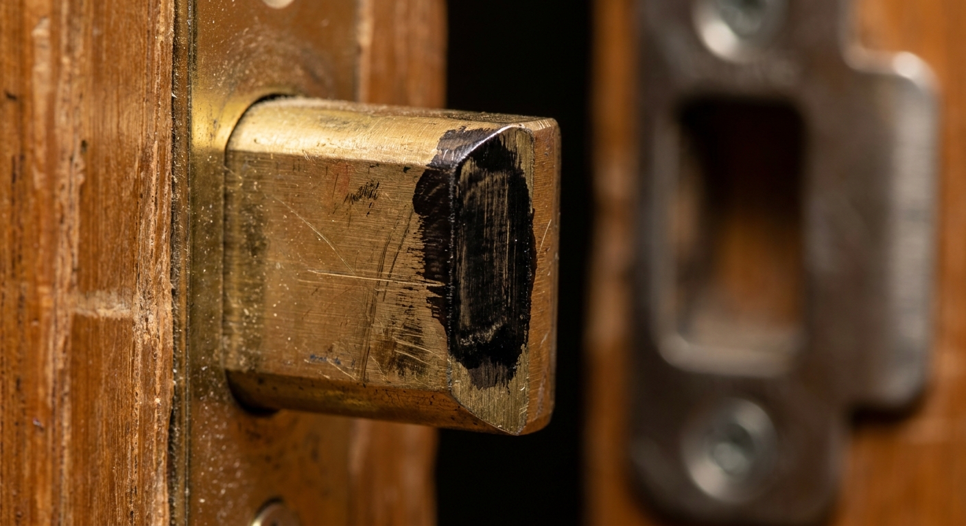 Close-up photo of a door latch bolt with dry erase marker applied to the tip, ready to transfer a mark to the strike plate