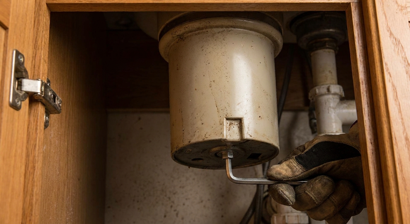 Close-up photo of a hand using an Allen key in the bottom hex socket of a garbage disposal under a kitchen sink cabinet